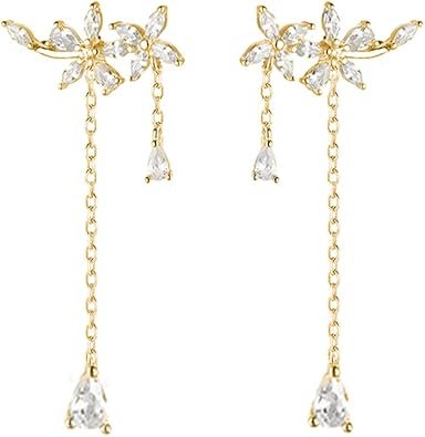 SLUYNZ 925 Sterling Silver Dainty CZ Flowers Wrap Earrings Dangle Chain for Women Elegant Dangling E…
