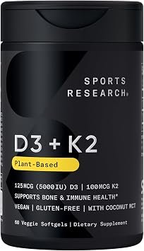 Sports Research® Vegan Vitamin D3 + K2 w/Coconut Oil, 60 Count Plantgels™