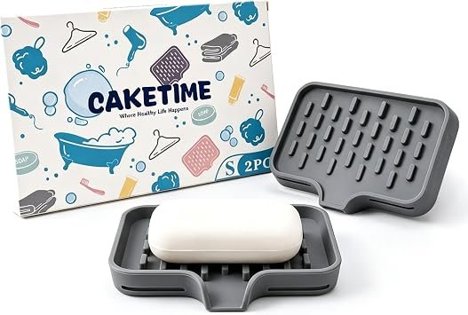 CAKETIME 2 Pack Silicone Soap Dish with Drainage Holes for Bathroom Shower Caddy Kitchen Counter Bar…
