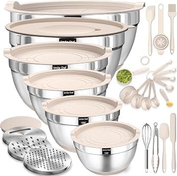Mixing Bowls with Airtight Lids Set, 26PCS Stainless Steel Khaki Bowls with Grater Attachments, Non-…