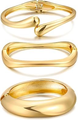 Chunky Gold Bangle Bracelets for Women, Dainty 14k Gold Plated Big Stackable Bangles Set, Trendy Sta…