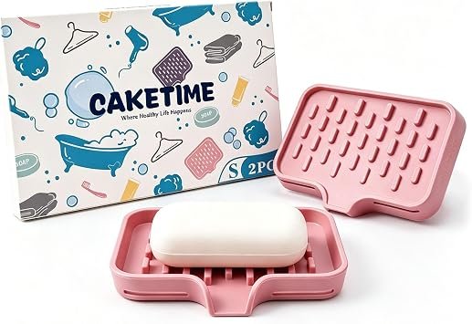 CAKETIME 2 Pack Silicone Soap Dish with Drainage Holes for Bathroom Shower Caddy Kitchen Counter Spo…