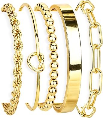 Gokeey Gold Bracelets Set for Women Non Tarnish, Waterproof 14K Gold Plated Sterling Silver Chunky C…