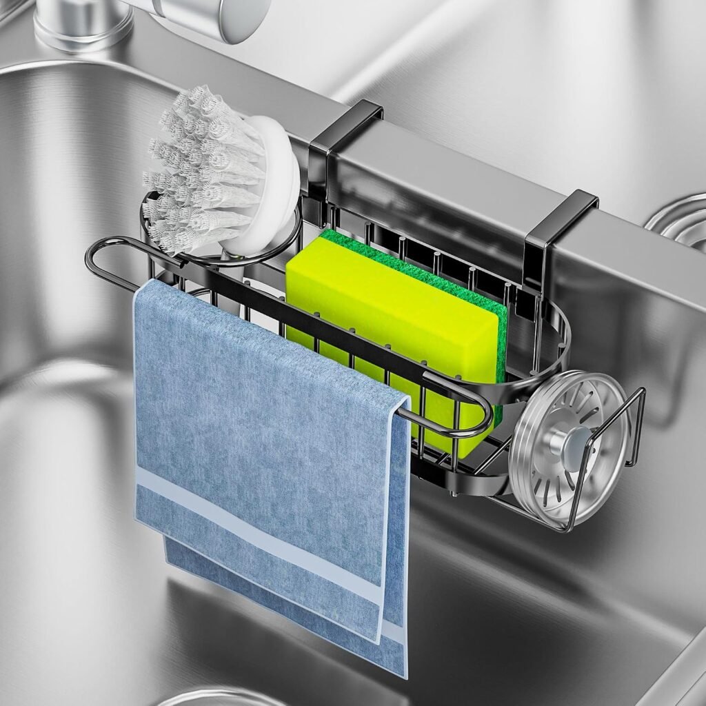 Cisily Kitchen Sink Caddy Sponge Holder in The Sink, Stainless Steel Kitchen Sink Organizer, Brush H…