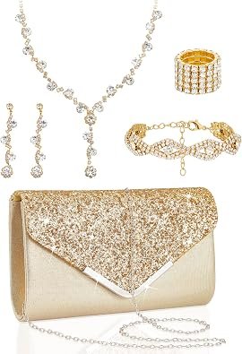Henoyso 5 Pcs Jewelry Set, Rhinestone Clutch Purse for Prom
